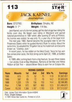 1991 Jockey Star Jockeys #113 Jack Kaenel Back